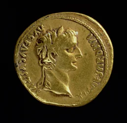 Aureus (awers) z głową Tyberiusza (AD 14-AD37) w wieńcu laurowym. Napis: TI CAESAR DIVI AVG F AVGVSTVS (złoty) (rewers patrz 119138)